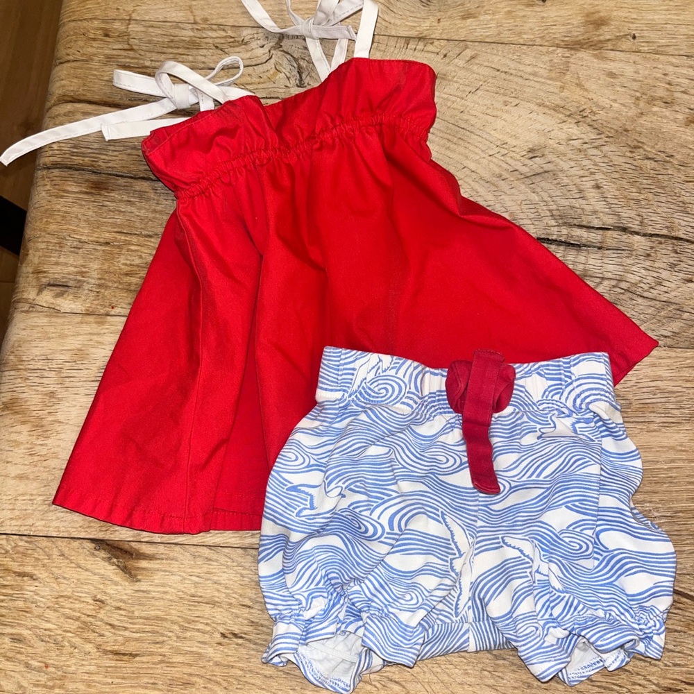 Red Kids Dress and Blue Wave Shorts Set